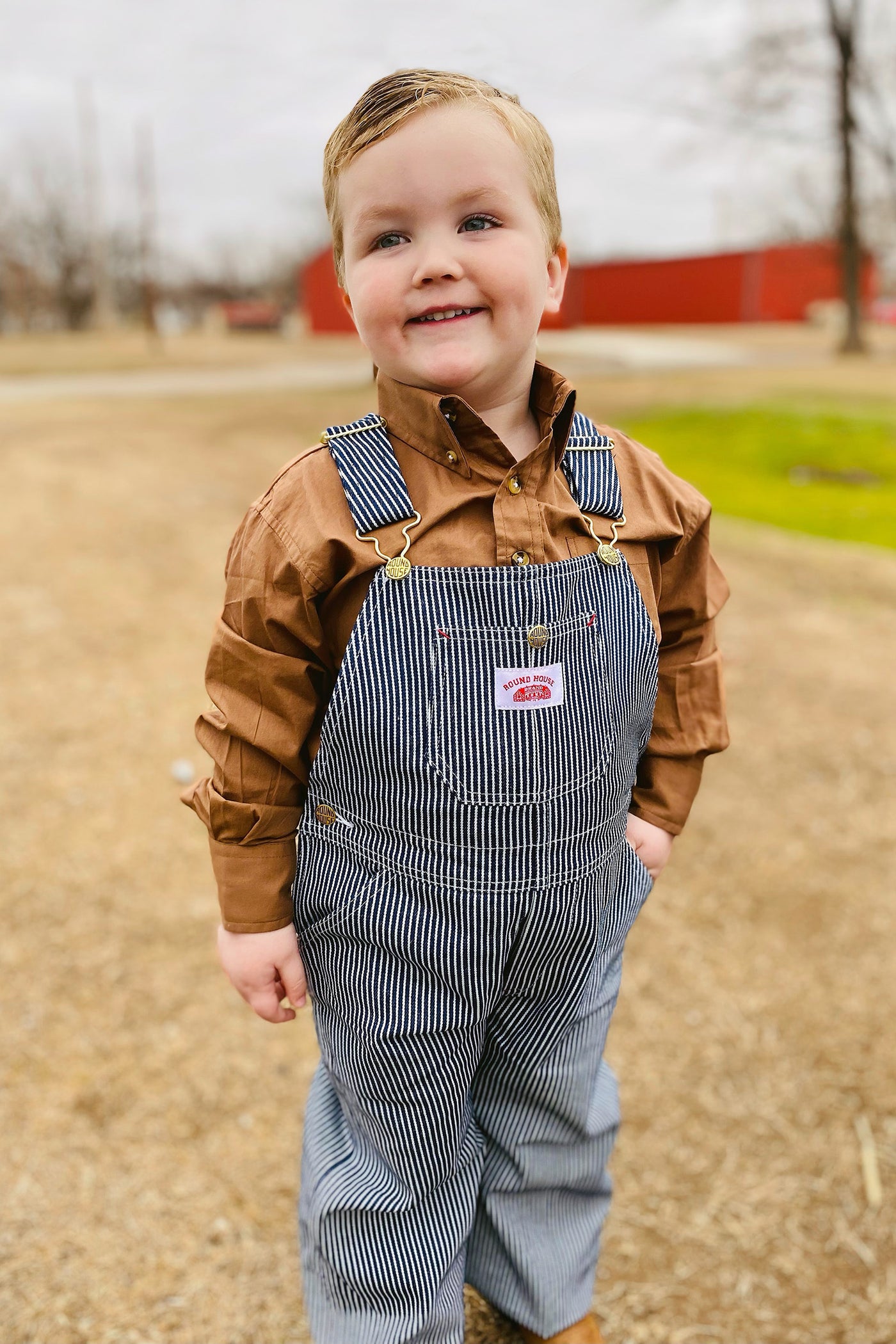 boy with fishing pole overalls and straw hat pattern 61 Kid's Playwear Hickory Stripe Bib Overalls – Round House Outlet
